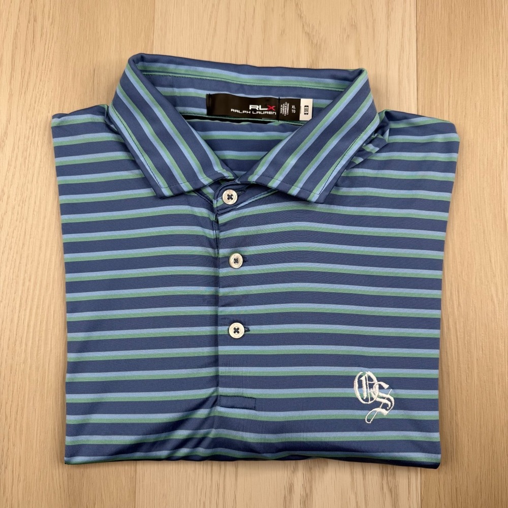RLX Ralph Lauren Mens Blue Green Striped Old Sandwich Golf Club Polo Shirt XL